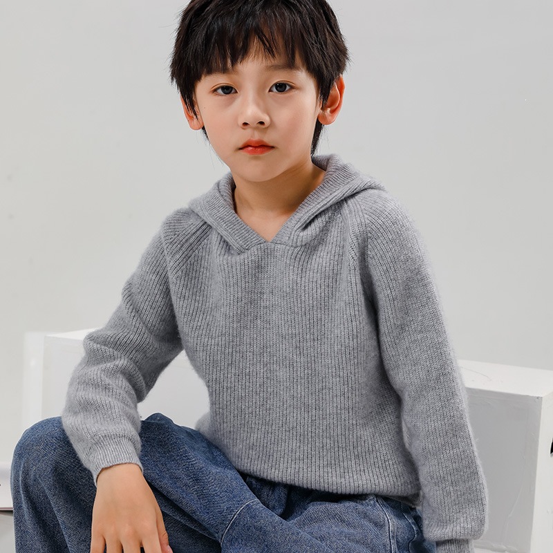高品质儿童山羊绒针织帽衫男童宽松套头毛衣女童连帽羊绒打底上衣