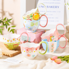 手描きの大きな耳のマグカップ、かわいい大きな取っ手の陶器製カップ、高品質で創造的な漫画柄の大容量カップ