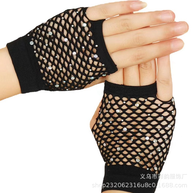 Fábrica de guantes de malla de diamante negro cool bar no dedo guantes de red de pesca de diamante caliente europeo y americano