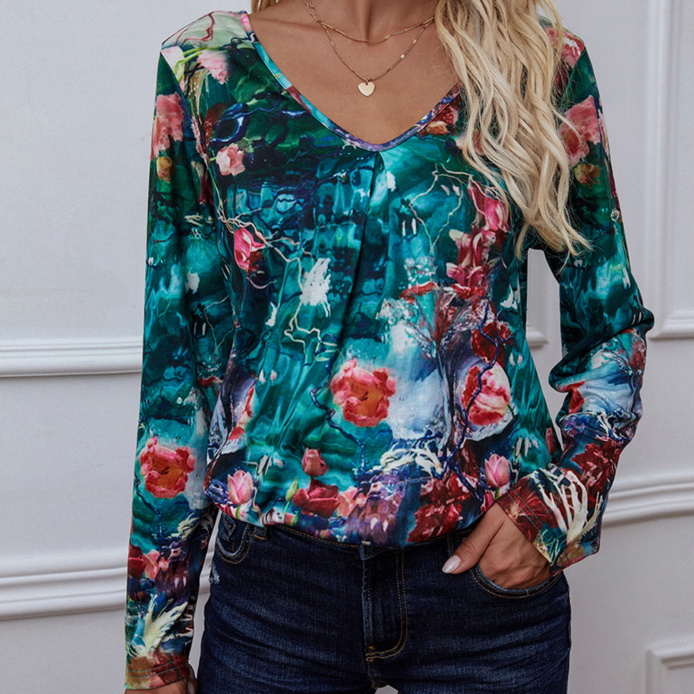 Flower Print V Neck Blouse For Women