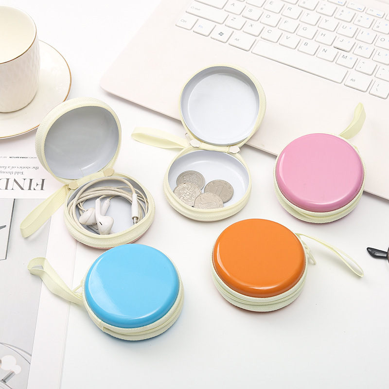 热卖马卡龙色马口铁零钱包 迷你儿童圆形拉链包 硬币耳机线收纳盒