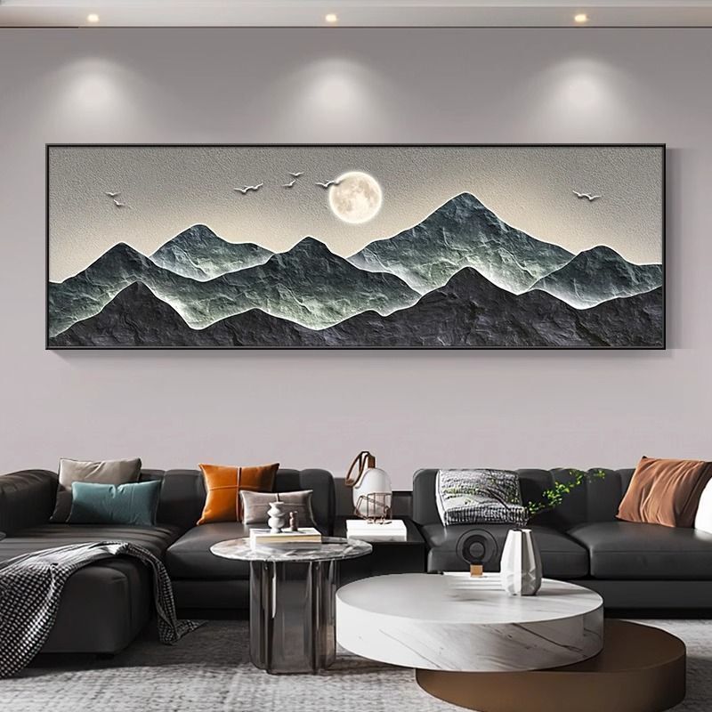 流水生財客間装飾画新中国式ソファー背景壁掛け画迎客松禅意茶室山水壁画|undefined