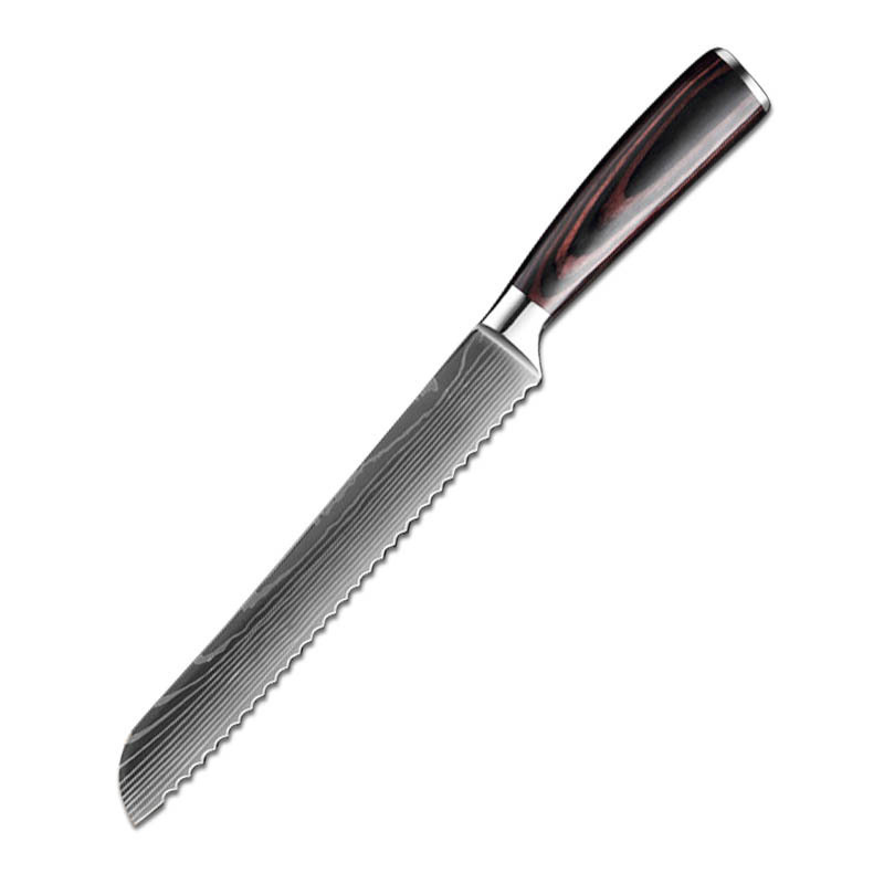Venta caliente transfronteriza patrón de Damasco cuchillo de chef mango de madera de color cuchillo de cocina de acero inoxidable juego de cuchillos de estilo japonés Sande al por mayor