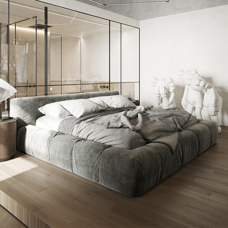 Cama doble con respaldo de tatami, estilo minimalista italiano, cama de terciopelo tecnológico para dormitorio, cama de matrimonio personalizada de madera maciza image 4