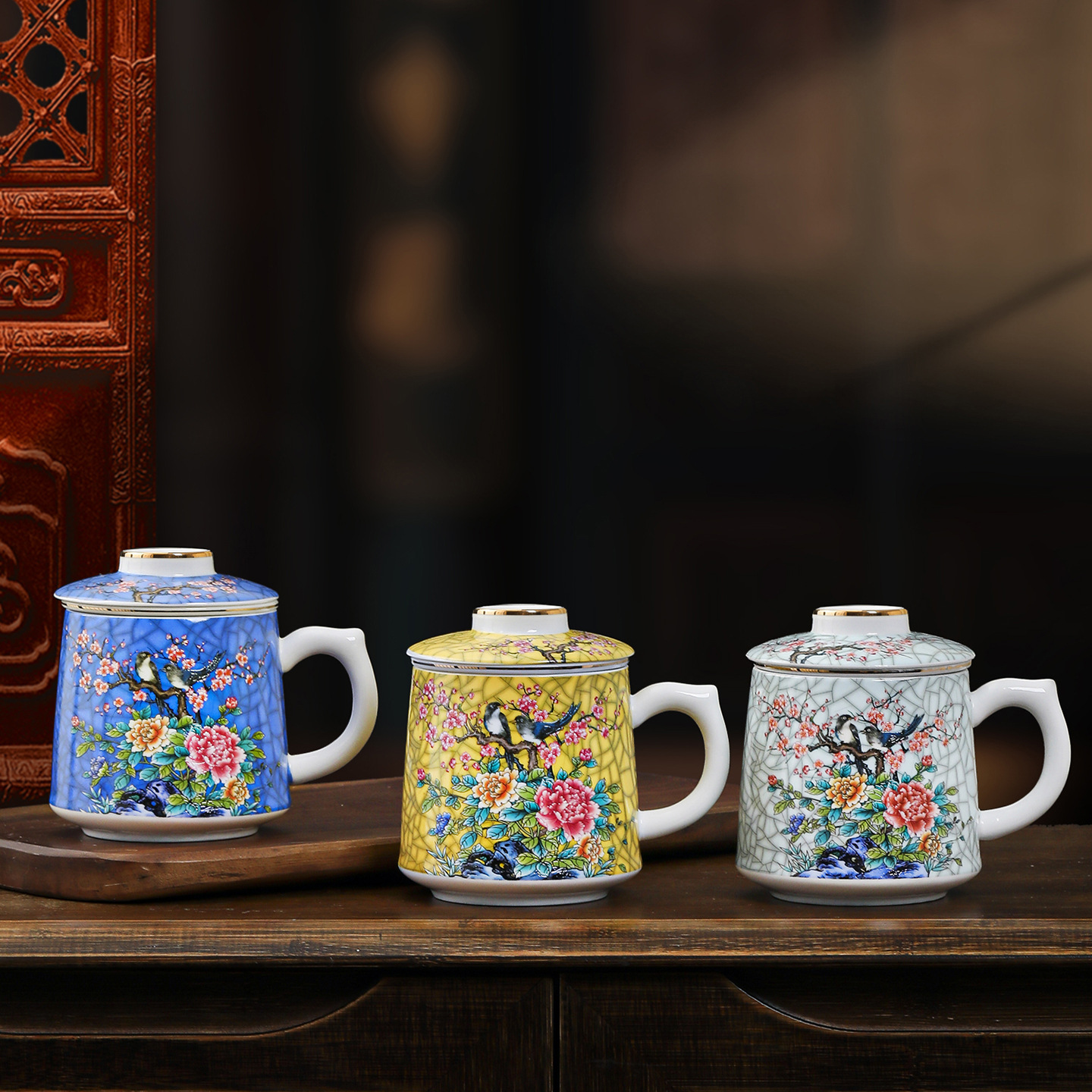跨境珐琅彩喜上眉梢陶瓷杯茶水分离办公杯泡茶杯公司礼品定制logo