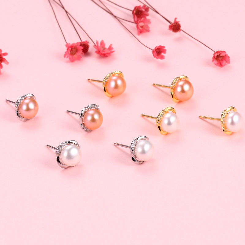 Inlay Design 1 Pair 925 Sterling Silver Pearl Geometric Ear Studs