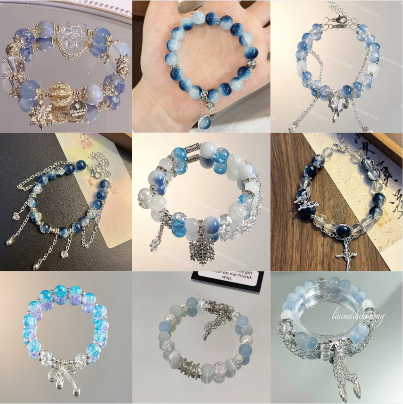 [Melancholy Blues] Cool Blue Bracelet with Gradient Snowflakes and Elegant as a Gift for Boyfriend and Couple, Aquamarine