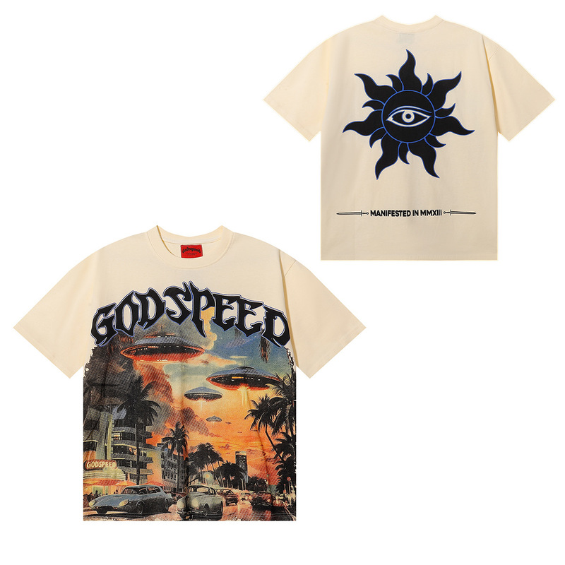 夏新作 Godspeed アメリカのハイストリートファッションブランド スカルロック ペアレタープリント 半袖Tシャツ メンズ|undefined