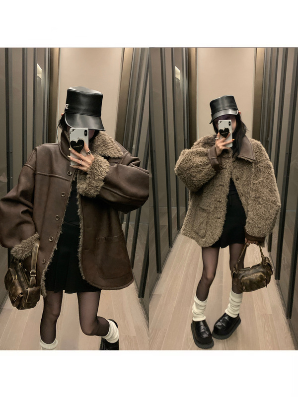区区欧阳双面穿环保皮毛一体外套女冬季加厚休闲宽松复古加绒皮衣|undefined
