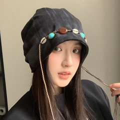 韩版复古堆堆帽女秋冬季串珠流苏百搭显脸小民族风冷帽慵懒风包头