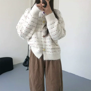 复古小香风彩点软糯针织开衫女韩版2026秋冬新款宽松百搭毛衣外套