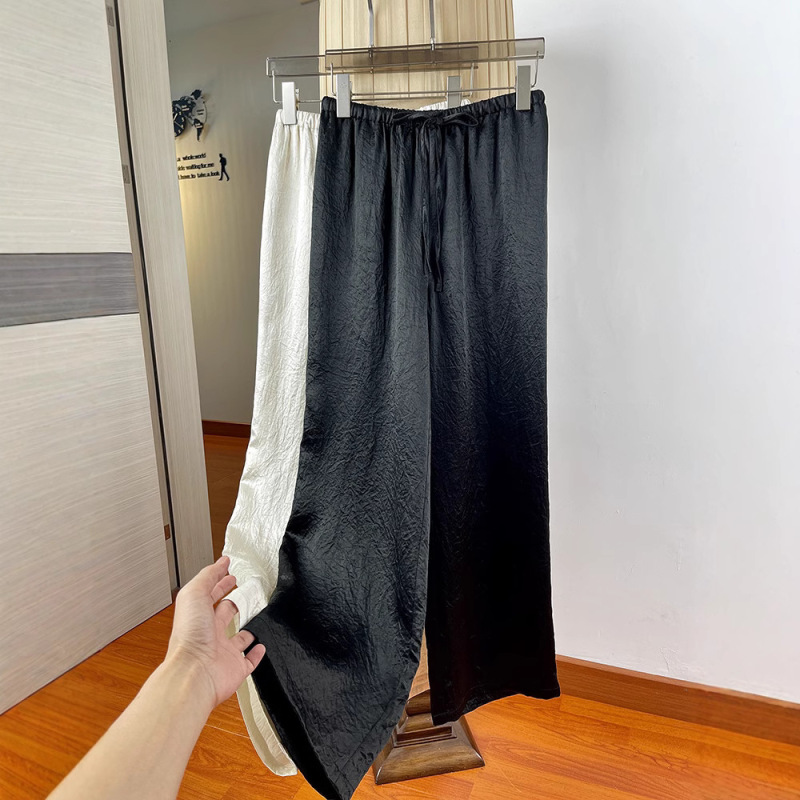 Texture pleated acetate satin wide leg pants female drape feeling! Elacite Waist Drawstring Long Pants Summer Thin Texture pleated acetate satin wide leg pants female drape feeling! Elacite Waist Drawstring Long Pants Summer Thin