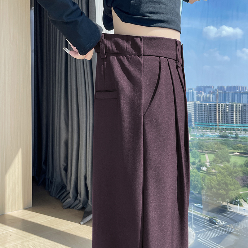 实拍秋季新款 时尚高腰百搭显瘦直筒拖地休闲阔腿裤女士西装裤|undefined