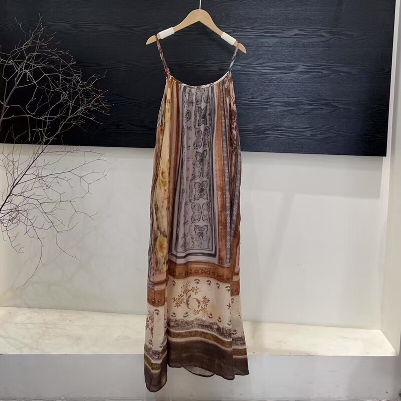 Ethnic Style Designer Printed Vintage Elegant Ramie Pleated Sling dress
