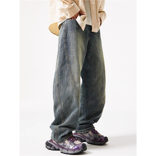 American Washed Bending Knife Workwear Jeans for Men, Autumn Trend Brand Splicing Loose Wide Leg Pants, High Street Straight Leg Casual Pants