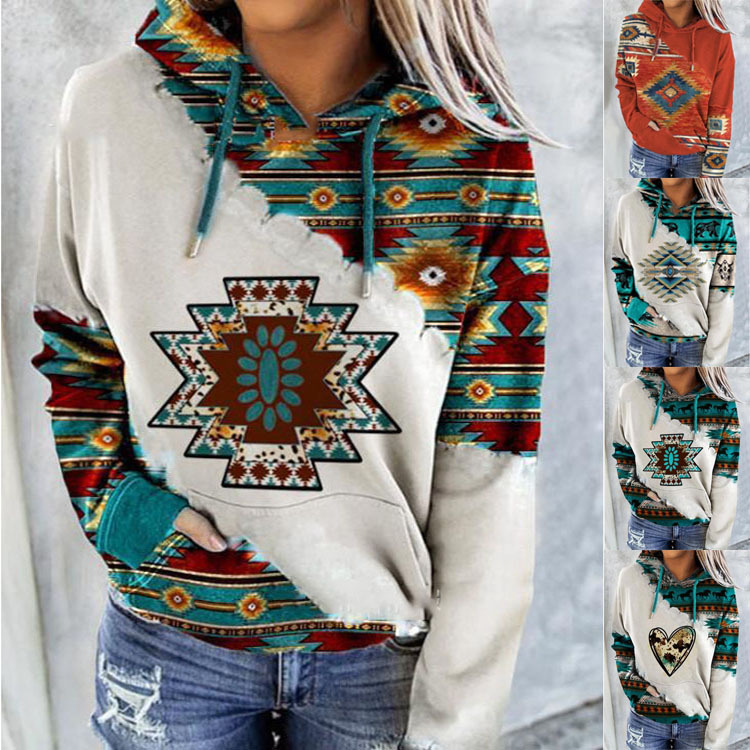 Independent Station Export Popular Tops 2022 Autumn and Winter New European and American Clothing Ethnic Style Printed Sweatshirts for Women Autumn and Winter