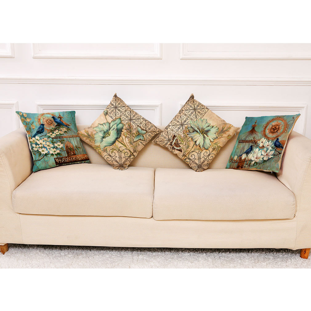 亚马逊 eBay 跨境新款艺术花鸟图案棉麻汽车抱枕套办公室午睡抱枕