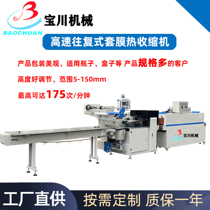 自动理料自动放卡说明书保鲜膜收银纸广口泵头瓶高速过膜热收缩机