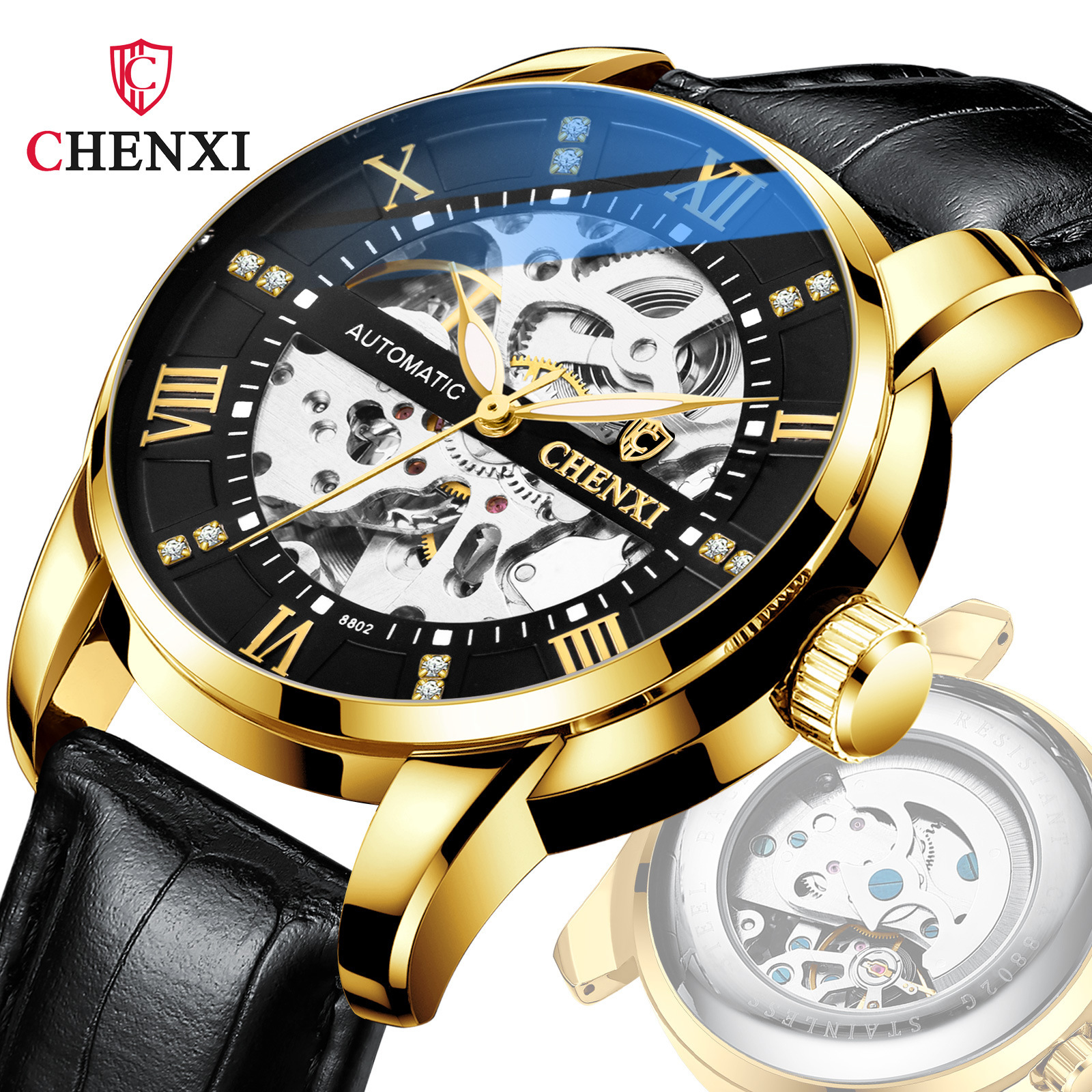 Chenxi hombres hueco transparente automático reloj mecánico cinturón moda negocio popular reloj mecánico 8802