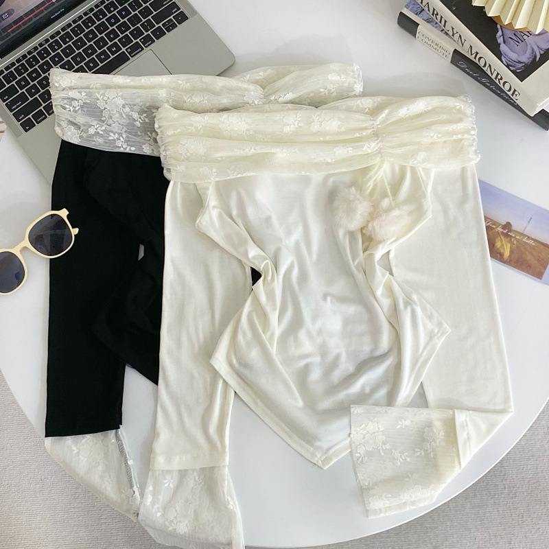 Carefully Selected Sweet Lace Splicing One-Line Collar Off-Shoulder Long-Sleeved T-Shirt 2025 Spring New Elegant Slim Niche Top