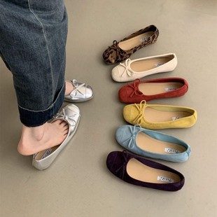 French Retro Soft Sole Single Shoes silver Women's Shoes Autumn Ladyshoes Evening Style Bow Red Flat Shoes Ballet Shoes