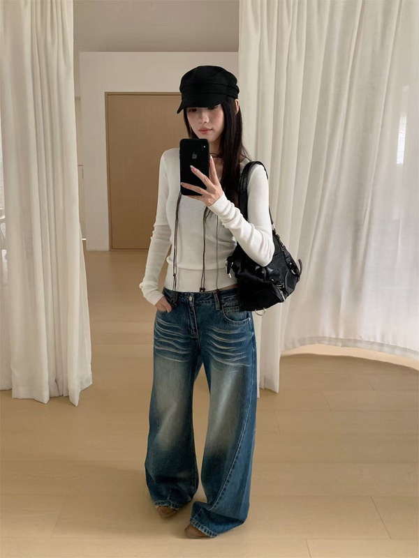 誉一新款2025秋季美式猫须抓纹阔腿牛仔裤女宽松复古长裤女hc1355|undefined