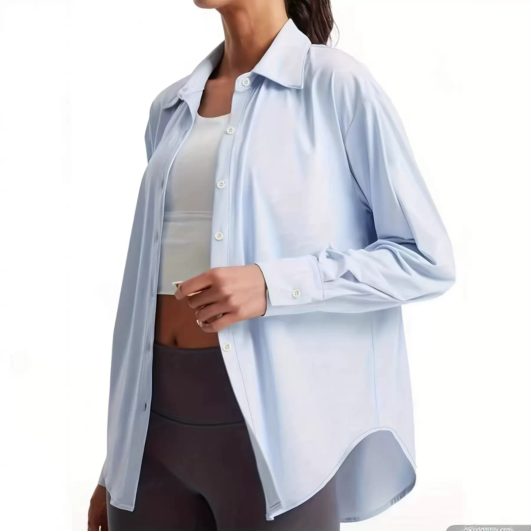 外贸标码女装浅蓝宽松长袖衬衫垂感开叉薄款防晒衫跨境独立现货