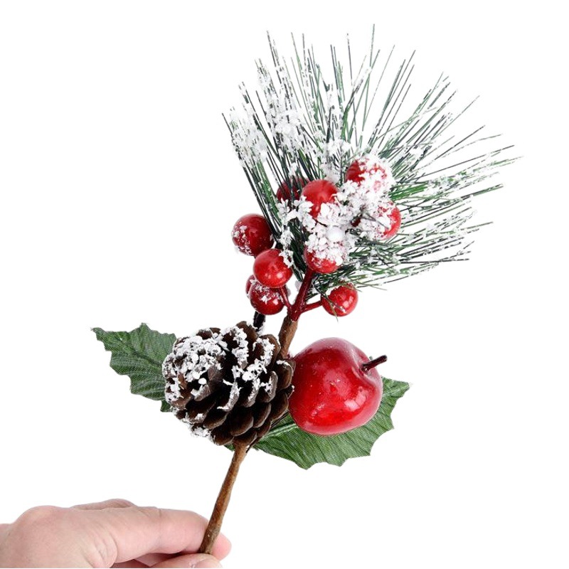 Simulación Rama de Navidad 25cm pegajoso blanco Pino aguja de pino rama roja fruta baya cadena Navidad rama decorativa