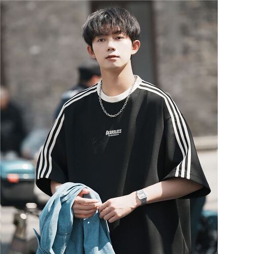 Striped white short-sleeved T-shirt for men, summer American retro trendy streetwear brand, honeycomb pattern, loose casual sports top