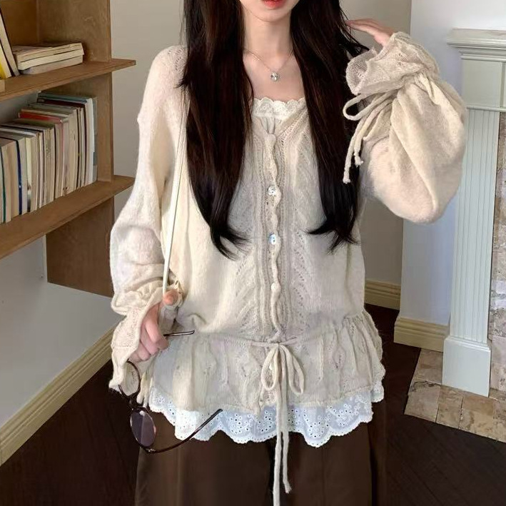 工厂直发慵懒软糯抽绳V领显瘦针织开衫+无袖蕾丝吊带背心其它|undefined
