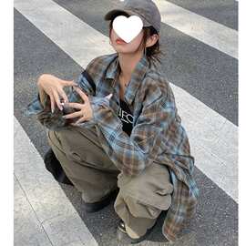 复古格子衬衫外套女春秋季2026新款春秋薄款衬衣女款长袖上衣露肩