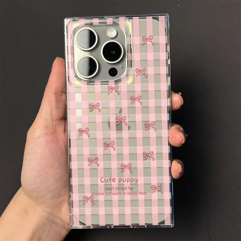 Ins Pink Plaid Bow Suitable for Apple Iphone17 Square 16Pro Phone Case 14 Girl 15 Transparent 13