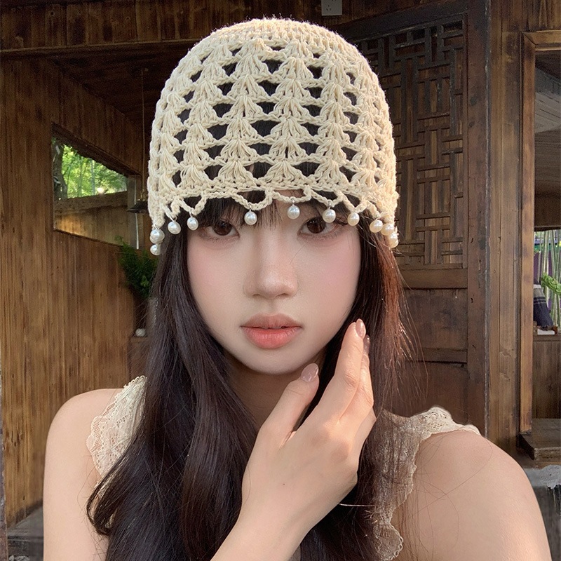ボヘミアンスタイルのパールペンダント中空つば帽子女性の夏の薄い帽子レトロな顔が見える小さなニットプルオーバー帽子|undefined