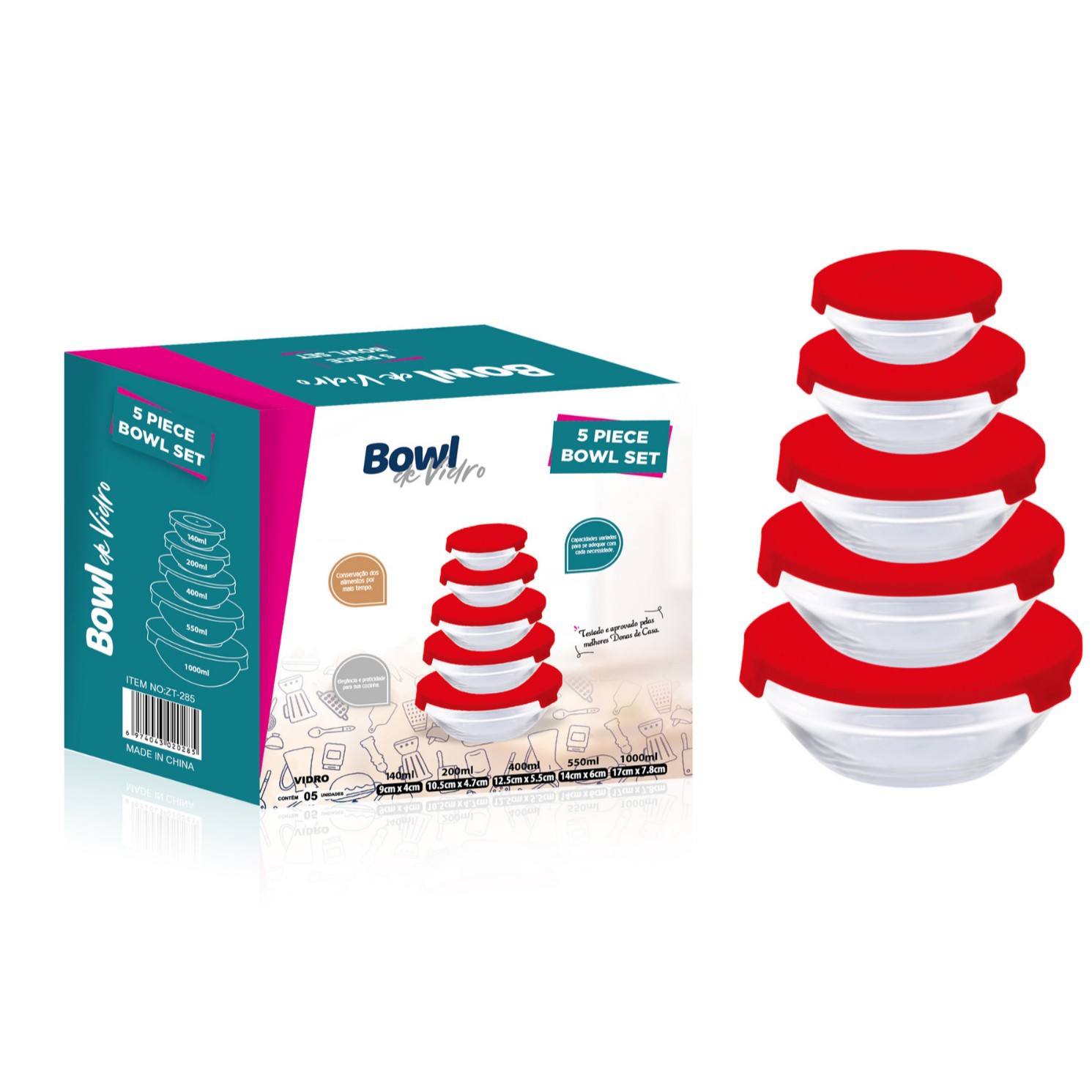 Juego de 5 Boles Herméticos de Vidrio Resistente al Calor con Tapa, para Almacenar y Cocinar