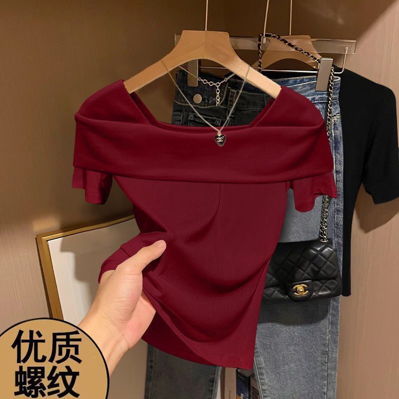 シンプル通勤無地レギュラーフィットワンショルダー半袖トップスインナー韓国風カジュアル体型カバーTシャツレディース|undefined