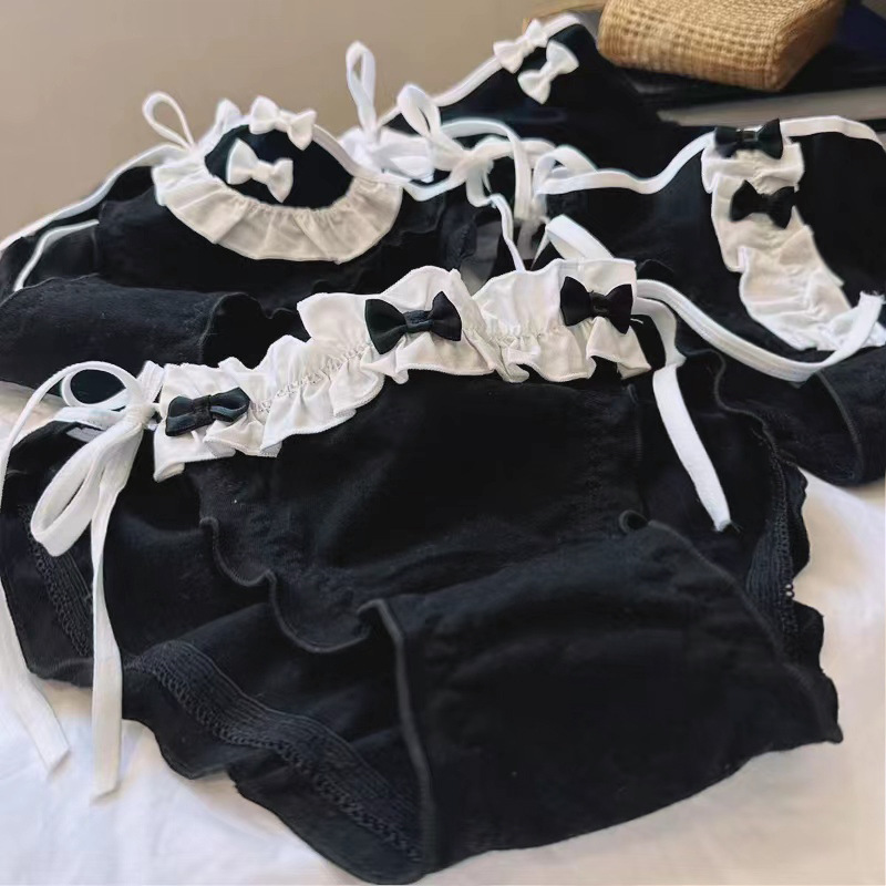 High-looking Japanese style ruffled maid uniform anime peripheral underwear women's 3 bow lace-up 300-F Black