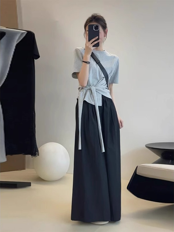 夏装搭配一整套韩系感不规则绑带T恤阔腿裤盐系减龄两件套女|undefined