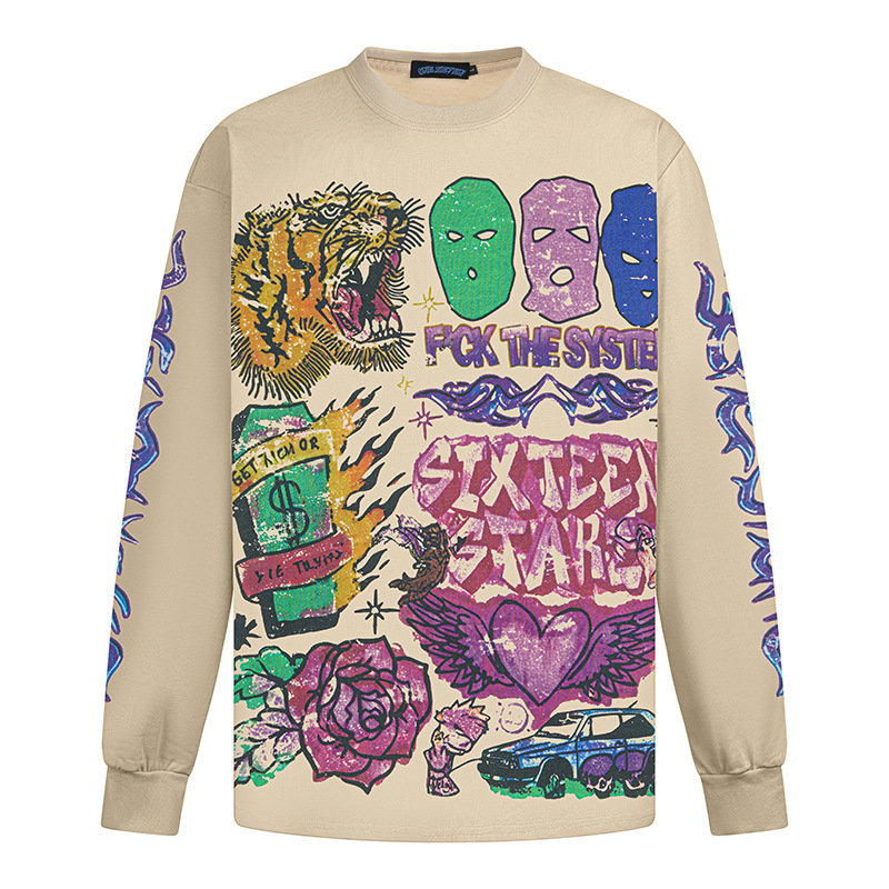 Vintage American High Street Fashion Brand Crew Neck T-Shirt Casual Printed Boxer Graffiti Full Print Long Sleeve Base Shirt