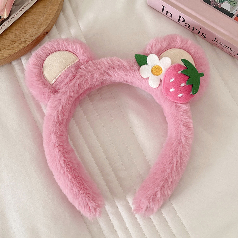 ネットセレブイチゴクマぬいぐるみヘッドバンド女性用秋冬かわいい洗顔ヘッドバンドヘアバンド外出用多用途ヘアアクセサリーヘアピンバッチ|undefined