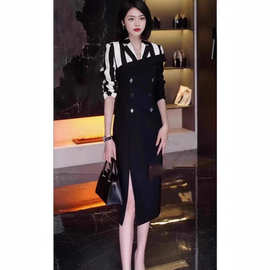 2024女装别致独特设计感叛逆千金黑色西装拼接连衣裙1942