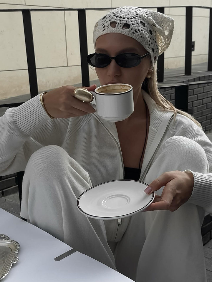 Bộ áo cardigan dệt kim khóa kéo phối quần dài ống rộng nữ — màu bột yến mạch, màu nâu, màu xám, trắng chi tiết 45