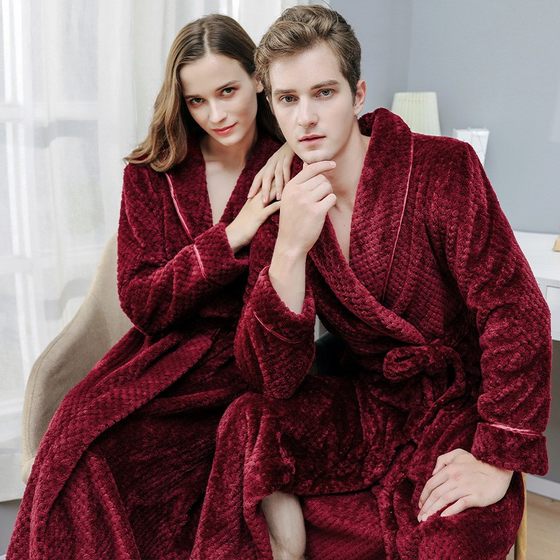 Nightgown women winter couple coral fleece bathrobe fleece-lined padded flannel men's pajamas autumn and winter extended wholesale