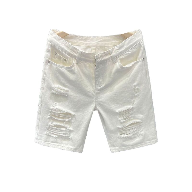 Summer Thin White Ripped Denim Shorts for Men, Korean Style Trendy Slim-Fit Men's Mid-Length Shorts Summer Thin White Ripped Denim Shorts for Men, Korean Style Trendy Slim-Fit Men's Mid-Length Shorts