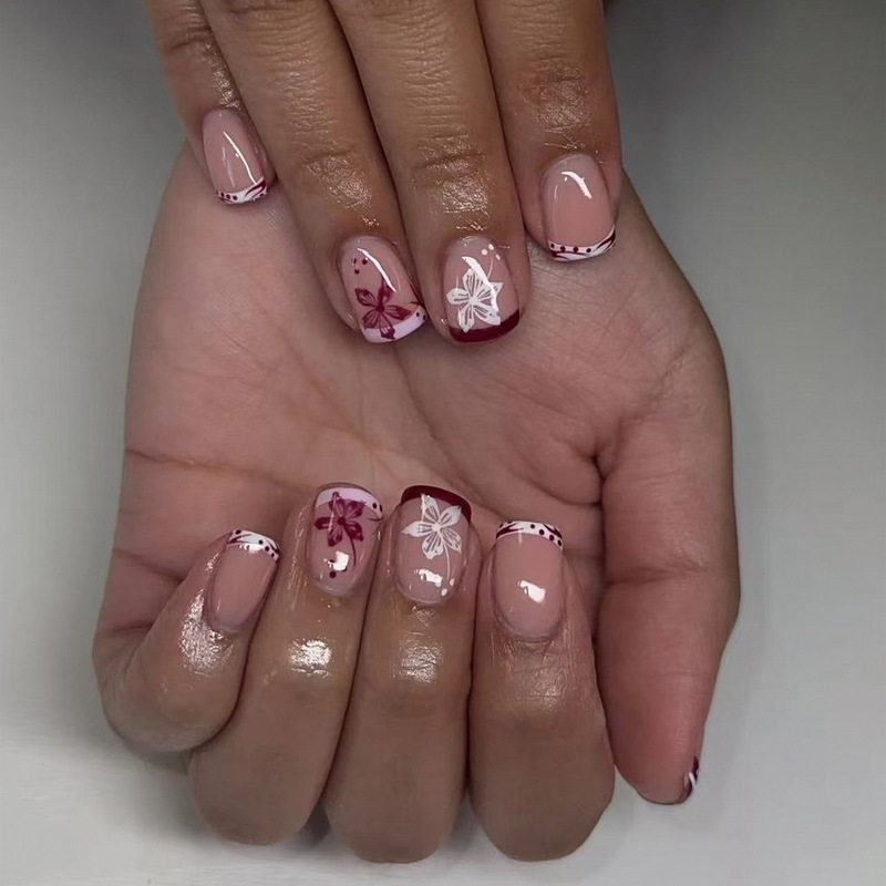Charming Purple Pink French Floral Short Square Press-On Nails, Elegant and Fashionable Cross-Border Finished Nail Pieces Wholesale