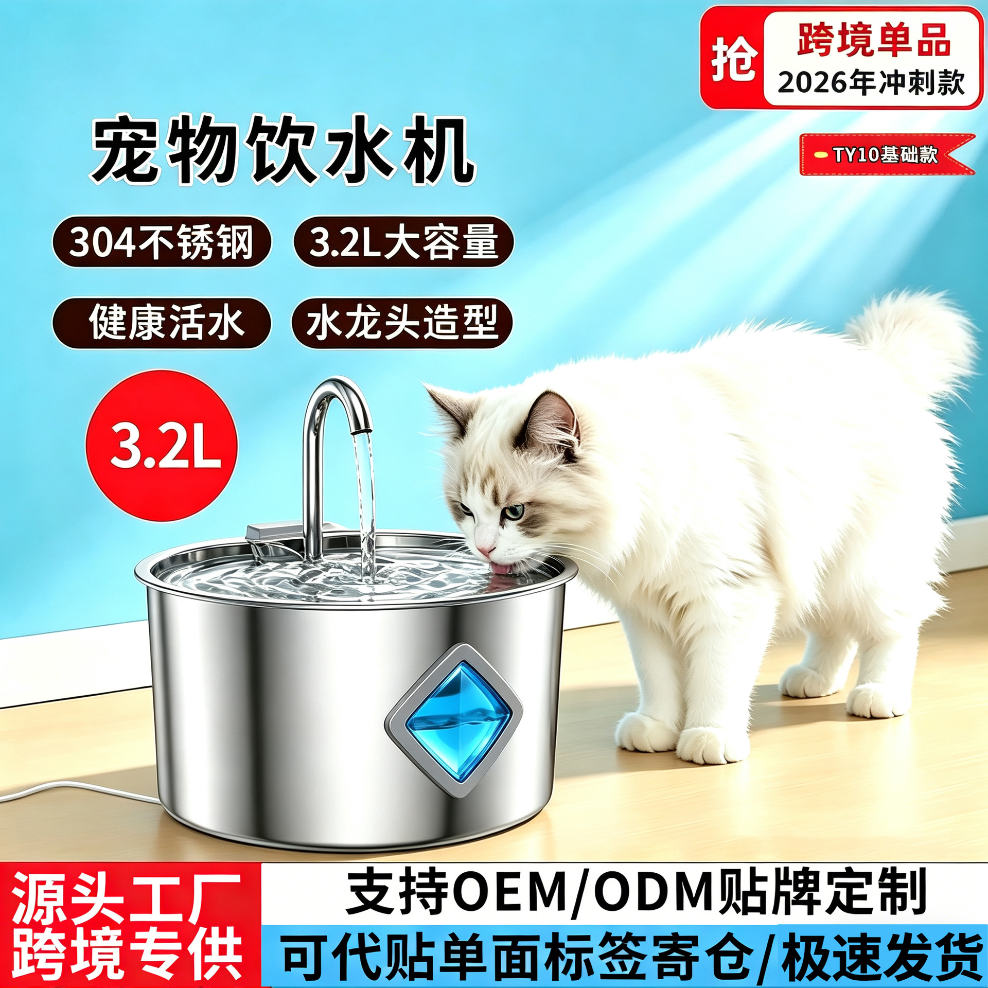 Pet Water Dispenser, All Stainless Steel, Cat Water Fountain, Dog Water Feeder, 3.2L Round Stainless Steel, Cross-Border Plug