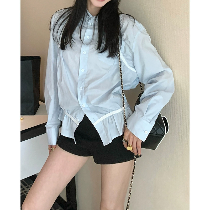 槿一褶皱衬衫女秋季新款设计感小众拼接衬衣休闲宽松长袖上衣2025|undefined