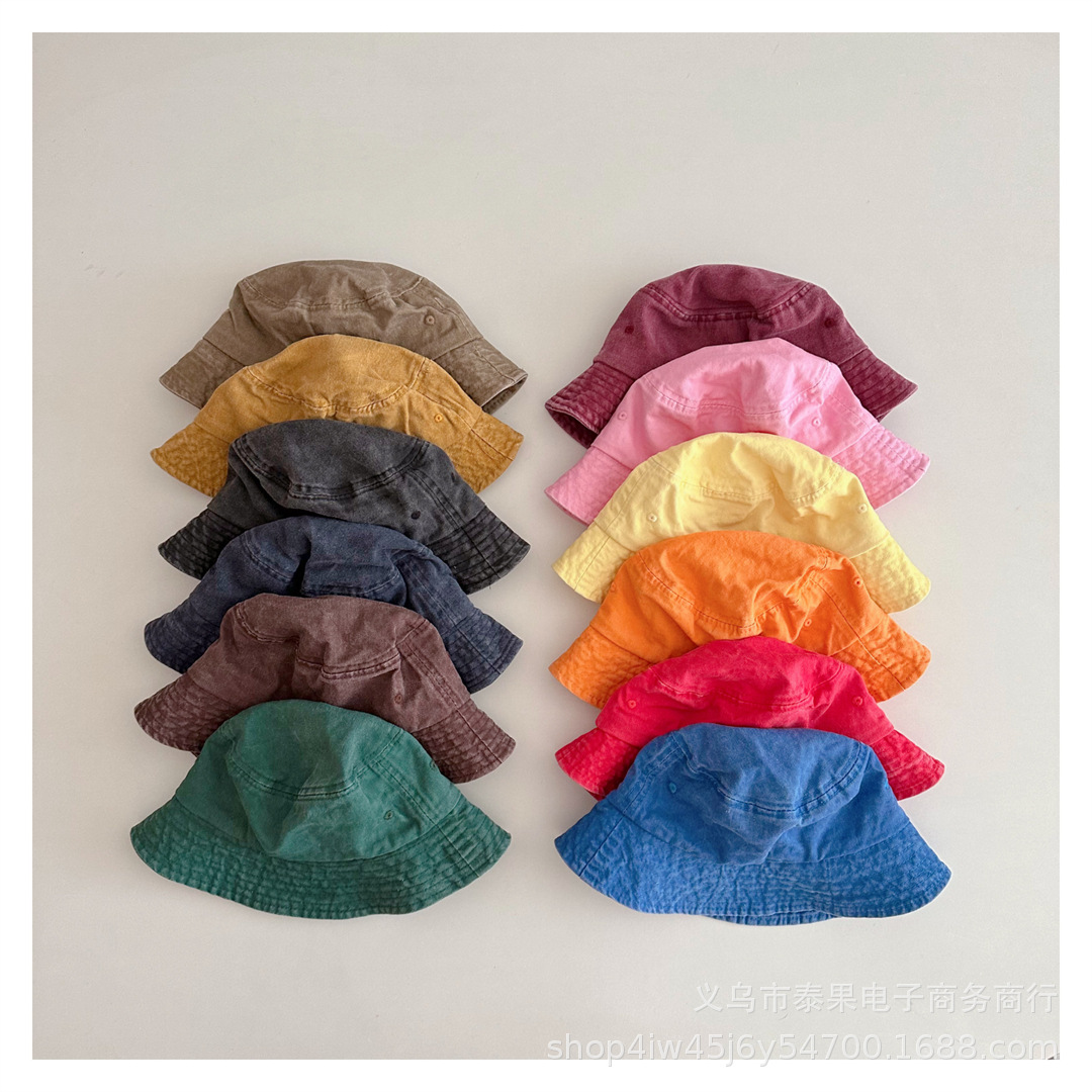 日系复古水洗纯色儿童洋气大沿渔夫帽子个性做旧男女宝宝遮阳盆帽