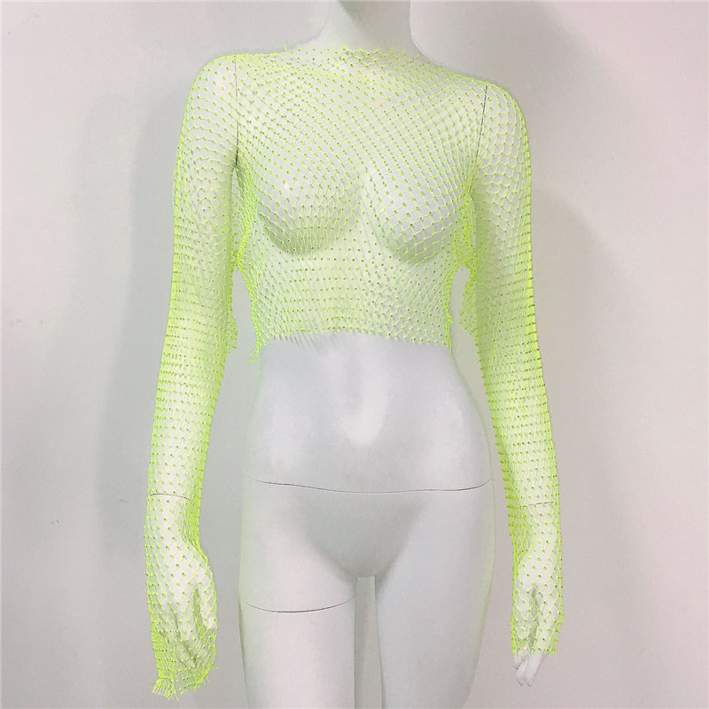 De Europa y América transfronteriza de las mujeres calientes de malla de diamantes de imitación red de pesca de manga larga Sexy Slim rhinestone Top party chica caliente de manga larga