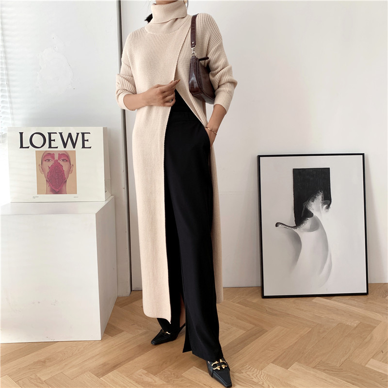 [Vestido suéter de punto largo estilo diosa, hecho por el fabricante, con abertura, jersey, capa base, negro]