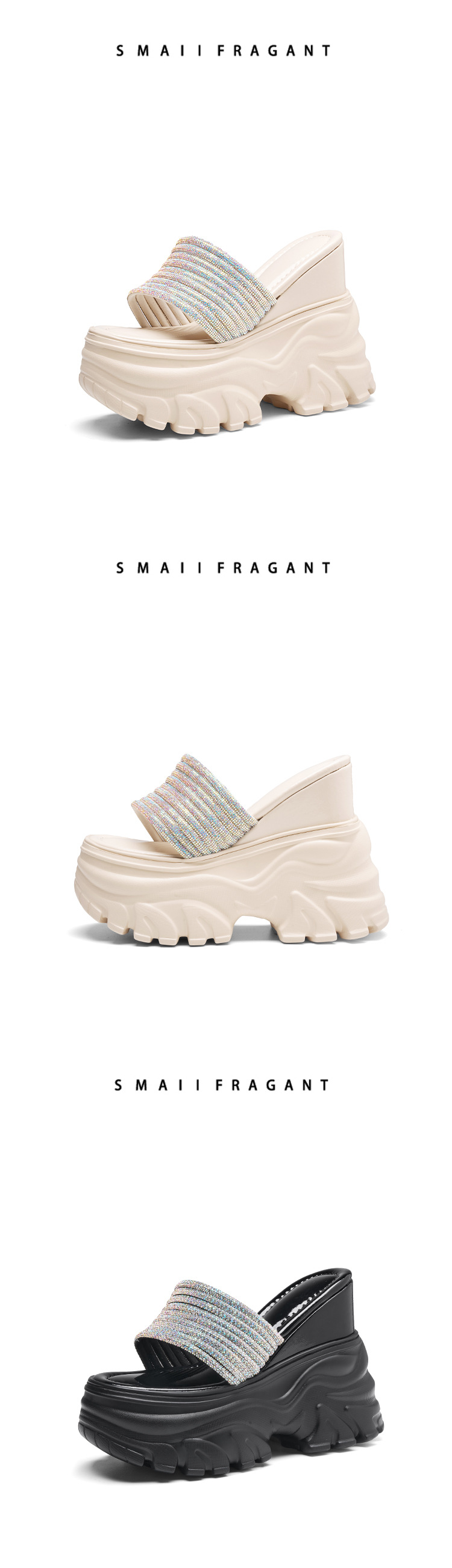 Sandal cao gót nữ đính đá quai ngang đế dày platform gót 9 cm — màu đen, màu trắng ngà chi tiết 11